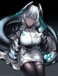 Rule 34 | 1girl, aqua eyes, aqua nails, aqua wings, arknights, between breasts, black background, black pantyhose, breasts, coat, cropped legs, dark background, dress, feathered wings, fingerless gloves, fingernails, gloves, grey hair, hair between eyes, hand on own chest, head wings, highres, ho&#039;olheyak (arknights), large breasts, long coat, long sleeves, looking at viewer, open clothes, open coat, pantyhose, rio (rio773), scales, sharp fingernails, short hair, sidelocks, sitting, smile, snake tail, solo, strap between breasts, tail, upper body, white dress, white gloves, wings