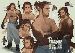 Rule 34 | 1boy, abs, bara, beard, body fur, brown hair, chest tuft, cropped torso, crossed arms, facial hair, frown, full beard, gradient beard, gradient fur, hair bun, large pectorals, light brown hair, long hair, looking ahead, looking at viewer, male focus, mature male, monster boy, multicolored hair, multiple views, muscular, muscular male, navel, navel hair, nipples, original, paexie, pants, pectorals, shoes, single hair bun, sneakers, stomach, streaked hair, tail, thick eyebrows, topless male, track pants, very hairy, werewolf, wolf boy, wolf tail