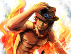 Rule 34 | 1boy, abs, beads, black hair, brown eyes, fire, freckles, hand on headwear, hat, jewelry, magatsumagic, male focus, muscular, necklace, nipples, one piece, portgas d. ace, sad face, topless male, smiley face, solo