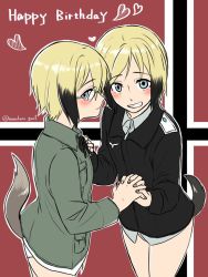 Rule 34 | 2girls, bare legs, black hair, blonde hair, blue eyes, blush, erica hartmann, german flag, glasses, heart, holding hands, looking at viewer, military, military uniform, monokuro graf, multiple girls, siblings, sisters, smile, strike witches, tail, twitter username, uniform, ursula hartmann, world witches series