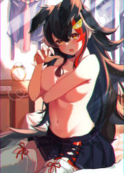Rule 34 | 1girl, absurdres, alarm clock, animal ears, bedroom, black hair, blush, chromatic aberration, clock, covering privates, covering breasts, fake animal ears, fang, female focus, groin, hair between eyes, hair ornament, hairclip, highres, hololive, long hair, looking at viewer, messy hair, multicolored hair, navel, no shirt, ookami mio, ookami mio (1st costume), red hair, ribbon, roco (rocoroco1115), skirt, thighhighs, topless, very long hair, virtual youtuber, wolf ears, yellow eyes