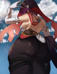 Rule 34 | 1girl, ass, bare shoulders, breasts, clothes lift, elbow gloves, from behind, genshin impact, gloves, habit, highres, huge ass, large breasts, nun, habit, nyahpa20, pantyhose, purple hair, rosaria (genshin impact), shiny clothes, shiny skin, short hair, sideboob, skirt, skirt hold, skirt lift, solo, sweat, thick thighs, thigh strap, thighs, veil