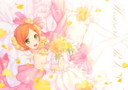Rule 34 | 10s, 1girl, :d, bare shoulders, bittersweet (dalcoms), bouquet, character name, choker, dress, earrings, flower, green eyes, highres, hoshizora rin, jewelry, kunreishiki, looking at viewer, love live!, love live! school idol festival, love live! school idol project, open mouth, orange hair, petals, romaji text, short hair, smile, solo, thighhighs, veil, white thighhighs