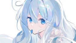 Rule 34 | 1girl, asphyxia17, blue eyes, blue hair, hair between eyes, highres, long hair, looking at viewer, mouth hold, original, simple background, solo, white background