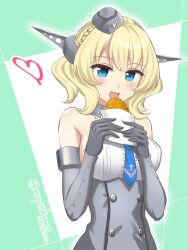 Rule 34 | 1girl, blonde hair, blue eyes, blue necktie, braid, breasts, colorado (kancolle), commentary request, croquette, dress, eating, elbow gloves, garrison cap, gloves, grey dress, grey gloves, grey hat, hat, headgear, highres, kantai collection, large breasts, necktie, one-hour drawing challenge, pleated dress, shirt, short hair, side braids, sleeveless, sleeveless shirt, smile, solo, tamakichi (tamakitty), upper body, white shirt