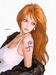 Rule 34 | 1girl, absurdres, arm tattoo, artist name, bare shoulders, chinese commentary, closed mouth, commentary request, earrings, highres, jewelry, long hair, meidaoxxri, nami (one piece), one piece, orange eyes, orange hair, simple background, sleeveless, solo, tank top, tattoo, white background