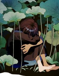 Rule 34 | 1girl, barefoot, black background, brown dress, brown hair, closed mouth, covered face, dress, head down, ka (marukogedago), knees to chest, hugging own legs, lily pad, long dress, long hair, long sleeves, original, plant, simple background, sitting, solo