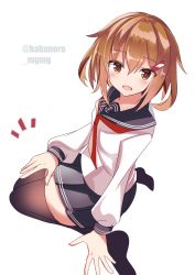 Rule 34 | 1girl, ^^^, anchor symbol, black sailor collar, black skirt, black thighhighs, brown eyes, brown hair, commentary request, fang, fathom, hair ornament, hairclip, highres, ikazuchi (kancolle), kantai collection, lap pillow invitation, neckerchief, one-hour drawing challenge, pleated skirt, red neckerchief, sailor collar, school uniform, seiza, serafuku, short hair, simple background, sitting, skirt, solo, thighhighs, twitter username, white background