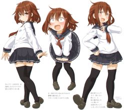 Rule 34 | anchor symbol, badge, black legwear, black sailor collar, black skirt, breasts, brown hair, closed mouth, dd (ijigendd), embarrassed, fang, hair ornament, hairclip, hand on own chest, highres, ikazuchi (kancolle), kantai collection, long sleeves, multiple persona, neckerchief, open mouth, red neckerchief, sailor collar, school uniform, shirt, short hair, skirt, small breasts, smile, surprised, thighhighs, white shirt