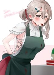 Rule 34 | 1girl, absurdres, alternate hairstyle, apron, blouse, blurry, bottle hair ornament, brown eyes, commentary request, cowboy shot, depth of field, green apron, grey eyes, grey hair, hair ornament, hairclip, highres, kantai collection, leaning forward, pola (kancolle), red skirt, shirt, simple background, skirt, solo, toriniku senshi chikinman, valentine, wavy hair, white background, white shirt