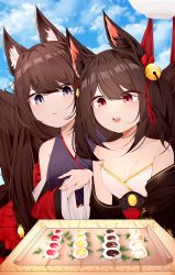 Rule 34 | 2girls, :d, absurdres, akagi-chan (azur lane), amagi-chan (azur lane), animal ears, azur lane, bare shoulders, bell, black kimono, blush, breasts, brown hair, cleavage, day, drooling, food, fox ears, fox girl, fox tail, hair bell, hair ornament, hands up, highres, huge filesize, japanese clothes, kimono, kitsune, long hair, looking at food, medium hair, multiple girls, multiple tails, open mouth, outdoors, own hands together, parted lips, purple eyes, red eyes, red kimono, samip, slit pupils, small breasts, smile, tail, upper body, very long hair