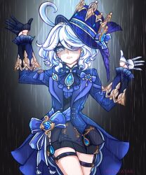 Rule 34 | 1girl, arms up, ascot, asymmetrical gloves, black ascot, black gloves, black shorts, blue ascot, blue brooch, blue eyes, blue gemstone, blue hair, blue hat, blue jacket, commentary, cowlick, crying, crying with eyes open, drop-shaped pupils, english commentary, frilled sleeves, frills, furina (genshin impact), gem, genshin impact, gloves, hair between eyes, hat, heterochromia, highres, hydro symbol (genshin impact), jacket, kodona, light blue hair, lolita fashion, long hair, long sleeves, looking at viewer, mismatched gloves, mismatched pupils, multicolored hair, open mouth, rain, rosavatar1, shorts, simple background, solo, spotlight, streaked hair, symbol-shaped pupils, tears, top hat, vision (genshin impact), white gloves, white hair, white trim bow
