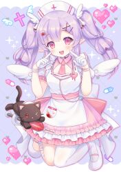 Rule 34 | 1girl, absurdres, apron, black cat, cat, commentary request, commission, fingersmile, hair ornament, hat, heart, highres, indie virtual youtuber, kemamire, long hair, momoi mechika, necktie, nurse cap, open mouth, pink eyes, pink necktie, pixel art inset, pointy ears, puffy short sleeves, puffy sleeves, purple hair, short sleeves, single leg pantyhose, skeb commission, smile, solo, twintails, white apron, white footwear, white hat, white wings, wing hair ornament, wings, x hair ornament