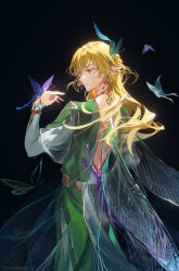 Rule 34 | 1boy, artist name, belt, blonde hair, brown belt, bug, butterfly, butterfly on hand, chinese commentary, closed mouth, commentary request, earrings, expressionless, eyelashes, fairy, fairy wings, feather hair ornament, feathers, floating hair, from behind, genshin impact, green robe, hair between eyes, hair ornament, hand up, highres, insect, jewelry, kaveh (genshin impact), long hair, long sleeves, looking to the side, male focus, mochuuuuuuu, pointy ears, purple butterfly, purple ribbon, red eyes, ribbon, robe, sidelocks, solo, standing, twitter username, watermark, wings