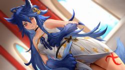 Rule 34 | 1girl, animal hands, blue hair, braco, clothes lift, dress, dress lift, fenrir (shingeki no bahamut), granblue fantasy, highres, long hair, looking at viewer, parted lips, red eyes, white dress