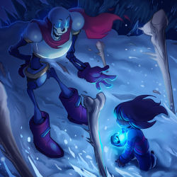 Rule 34 | 1boy, androgynous, armor, blue eyes, blue theme, bone, boots, cape, frisk (undertale), gloves, glowing, glowing eyes, heart, long sleeves, monster boy, open mouth, palidoozy-art, papyrus (undertale), red cape, red footwear, scarf, shirt, skeleton, smile, snow, striped clothes, striped shirt, undertale