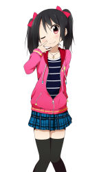 Rule 34 | 10s, 1girl, :d, ;), \m/, black hair, blush, bow, casual, crescent, hair bow, hood, hoodie, jacket, jewelry, looking at viewer, love live!, love live! school idol festival, love live! school idol project, miyako hito, necklace, one eye closed, open mouth, plaid, plaid skirt, red eyes, short hair, simple background, skirt, smile, solo, thighhighs, twintails, unzipped, yazawa nico, zettai ryouiki