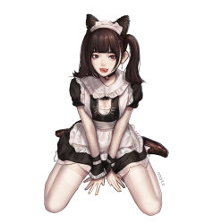 Rule 34 | 1girl, absurdres, animal ears, apron, artist name, bell, biting tongue, black choker, black collar, black dress, blunt bangs, breasts, breasts squeezed together, brown eyes, brown footwear, brown hair, cat ears, character request, check copyright, choker, cleavage, cleavage cutout, clothing cutout, collar, commentary, copyright request, dress, ear piercing, earrings, english commentary, eyelashes, eyeshadow, fake animal ears, frilled apron, frills, full body, highres, jewelry, lace, lace-trimmed cuffs, lace-trimmed dress, lace trim, lips, loafers, long hair, looking at viewer, maid, maid headdress, makeup, mascara, neck bell, nose, nostrils, ony saputra, pantyhose, parted lips, piercing, pink eyeshadow, pink lips, puffy short sleeves, puffy sleeves, real life, shoes, short dress, short sleeves, sitting, small breasts, smile, solo, teeth, thighband pantyhose, tongue, tongue out, twintails, upper teeth only, v arms, waist apron, wariza, white apron, white background, white pantyhose, wrist cuffs