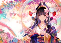 Rule 34 | 1girl, arm up, black hair, blunt bangs, cherry blossoms, closed mouth, colorful, flower, fuzichoco, hagoromo, hair flower, hair ornament, japanese clothes, kimono, long hair, looking at viewer, original, sash, shawl, smile, solo, torii, upper body