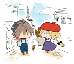 Rule 34 | 1boy, 1girl, bag, baguette, beret, bread, brown footwear, brown hair, couple, dress, fate/apocrypha, fate/grand order, fate (series), food, hat, holding, holding bag, jeanne d&#039;arc (fate), jeanne d&#039;arc (ruler) (fate), necktie, paper, purple dress, shirt, sieg (fate), simple background, siplick, source request, striped clothes, striped shirt, suspenders, white shirt