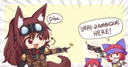 Rule 34 | + +, 2girls, ^^^, alternate costume, animal ear fluff, animal ears, apex legends, arm up, arrow (symbol), bloodhound (apex legends), bow, brown gloves, brown hair, commentary, disembodied head, emphasis lines, english commentary, english text, gloves, goggles, goggles on head, gun, hair between eyes, hair bow, headband, headset, imaizumi kagerou, long hair, looking at another, meme, multiple girls, pointing, red eyes, red hair, respirator, sekibanki, short hair, simple background, tactical clothes, tail, touhou, weapon, wolf ears, wolf tail, wool (miwol), yellow background