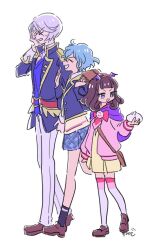 Rule 34 | :d, baozi, blue eyes, blue hair, blue jacket, blue skirt, brown footwear, brown hair, closed eyes, collared shirt, cropped jacket, dorothy west, dress, facepalm, food, from side, full body, grey hair, hair between eyes, hand on own face, hand up, holding, holding food, jacket, kurosu aroma, loafers, long hair, long sleeves, looking back, neckerchief, open mouth, paprika private academy school uniform, pink jacket, pink neckerchief, pleated skirt, pretty series, pripara, profile, reverse trap, rituyama1, school uniform, shikyoin hibiki, shirt, shoes, short dress, short hair, signature, simple background, skirt, smile, vest, walking, white background, white shirt, yellow dress, yellow vest