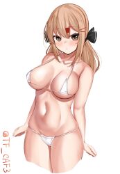 Rule 34 | 1girl, bikini, blush, breasts, breasts apart, brown eyes, cropped legs, hair between eyes, hair ornament, hairclip, highres, kantai collection, large breasts, light brown hair, long hair, looking at viewer, medium breasts, micro bikini, navel, one-hour drawing challenge, parted lips, simple background, solo, strap gap, string bikini, swimsuit, tashkent (kancolle), tf cafe, thighs, twitter username, underboob, white background, white bikini