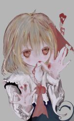 Rule 34 | 1girl, ascot, black shirt, black vest, blonde hair, blood, blood on face, bow, distortion, hair ribbon, heart, highres, red ascot, red bow, red eyes, red headwear, ribbon, ru rnyu, rumia, shirt, short hair, solo, touhou, upper body, vest