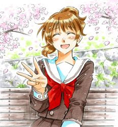 Rule 34 | 1girl, :d, absurdres, bench, blush, brown hair, brown shirt, cherry blossoms, closed eyes, flower, hand up, hibike! euphonium, highres, kitauji high school uniform, long sleeves, neckerchief, open mouth, oumae kumiko, outdoors, pink flower, ponytail, red neckerchief, sailor collar, school uniform, serafuku, shirt, short hair, sitting, smile, solo, traditional media, tree, waretaka, white sailor collar