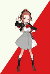 Rule 34 | 1girl, black bow, black jacket, black socks, boots, bow, brown footwear, brown hair, collared shirt, cropped jacket, dress shirt, forehead, full body, grey background, grey skirt, hair bow, hand up, high-waist skirt, high ponytail, highres, jacket, kaname mahiro channel, kneehighs, long sleeves, looking at viewer, official art, piano print, pleated skirt, ponytail, red background, red eyes, red neckwear, shirt, skirt, socks, solo, standing, touma rin, two-tone background, v-shaped eyebrows, virtual youtuber, white shirt, yuu (higashi no penguin)
