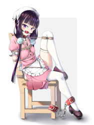 Rule 34 | 1girl, absurdres, angry, apron, arms behind back, bad id, bad pixiv id, bdsm, black footwear, blend s, blunt bangs, blush, bondage, bound, bound ankles, bound arms, bound legs, chain, chair, dripping, drooling, from side, full body, gala king, hair bobbles, hair ornament, highres, long hair, looking at viewer, looking to the side, low twintails, on chair, pink shirt, pink skirt, puffy short sleeves, puffy sleeves, purple eyes, purple hair, sakuranomiya maika, saliva, shibari, shibari over clothes, shirt, shoes, short sleeves, sitting, skirt, solo, thighhighs, tsurime, twintails, v-shaped eyebrows, very long hair, waist apron, wet, wet clothes, wet shirt, white apron, white thighhighs