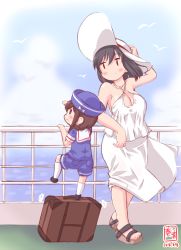 Rule 34 | 10s, 2016, 2girls, :3, against railing, alternate costume, arm up, bare shoulders, black hair, blue eyes, blush, braid, breasts, brown hair, child, commentary request, dated, day, dress, hair over shoulder, hand on headwear, hat, highres, kanon (kurogane knights), kantai collection, large breasts, long hair, multiple girls, railing, red eyes, sailor collar, sailor hat, sandals, shigure (kancolle), short hair, short sleeves, shorts, sleeveless, sleeveless dress, smile, socks, suitcase, white dress, white legwear, wind, yamashiro (kancolle), aged down