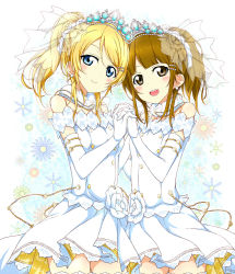 Rule 34 | 10s, 2girls, ayase eli, bare shoulders, blonde hair, blue eyes, blush, bridal veil, brown eyes, brown hair, dress, earrings, elbow gloves, gloves, gradient background, holding hands, interlocked fingers, jewelry, karamoneeze, love live!, love live! school idol festival, love live! school idol project, multiple girls, nanjou yoshino, open mouth, ponytail, real life, real life insert, smile, thighhighs, tiara, veil, voice actor, voice actor connection, wedding dress, white dress, white gloves, white legwear, yoshino nanjo, zettai ryouiki