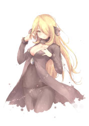 Rule 34 | 1girl, adjusting hair, black coat, black pants, black shirt, blonde hair, blush, breasts, cleavage, coat, creatures (company), cynthia (pokemon), female focus, fur trim, game freak, hair ornament, hair over one eye, hand on own chest, hands up, highres, konmi, long hair, long sleeves, looking at viewer, medium breasts, nintendo, pants, pokemon, pokemon dppt, shirt, simple background, smile, solo, standing, white background, yellow eyes