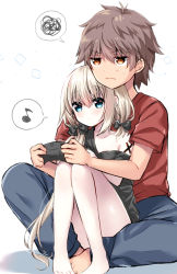 Rule 34 | 1boy, 1girl, asymmetrical hair, bare shoulders, barefoot, black bow, black shirt, blonde hair, blue eyes, blue pants, blush, bow, brown eyes, brown hair, commentary request, controller, eighth note, game controller, hair between eyes, hair bow, holding, long hair, looking away, musical note, off shoulder, original, pants, pigeon-toed, red shirt, shadow, shirt, short sleeves, sitting, sitting on lap, sitting on person, spoken musical note, spoken squiggle, squiggle, tia-chan, uchuuneko, v-shaped eyebrows, very long hair, white background
