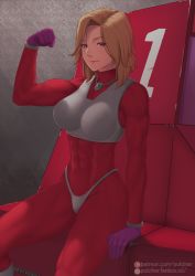 Rule 34 | 1girl, abs, blonde hair, bodysuit, breasts, clenched hand, closed mouth, commission, f-zero, gloves, hand up, highres, looking at viewer, monique l&#039;amoreaux, nintendo, purple eyes, purple gloves, putcher, queen meteor, red bodysuit, short hair, sitting, solo, watermark, web address