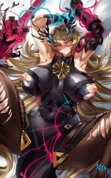 Rule 34 | 1girl, abs, absurdres, armor, armpits, arms up, bare shoulders, biceps, black dress, blonde hair, blue eyes, blush, breasts, brown pantyhose, casul, chain, covered navel, crossed bangs, dress, earrings, barghest (fate), fate/grand order, fate (series), gauntlets, hair between eyes, heterochromia, highres, horns, huge breasts, huge filesize, inverted nipples, jewelry, long hair, looking at viewer, lying, muscular, muscular female, necklace, nipples, on back, pantyhose, pauldrons, pelvic curtain, puffy nipples, red eyes, shoulder armor, single gauntlet, single pauldron, solo, spread legs, sword, thighs, toned, torn clothes, weapon