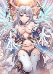 Rule 34 | 1girl, akkijin, armor, bikini, bikini armor, breasts, elbow gloves, gloves, halo, large breasts, long hair, looking at viewer, multicolored halo, official art, oracle (shinkai no valkyrie), rainbow, rainbow halo, shinkai no valkyrie, silver hair, sky, stomach, swimsuit, sword, thighhighs, tiara, weapon, white gloves, wings, yellow eyes