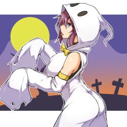 Rule 34 | 1girl, ass, blue eyes, bow, bowtie, breasts, brown hair, closed mouth, commentary, detached sleeves, from side, full moon, ghost costume, hair between eyes, hood, hood up, imura (shiro maru), long sleeves, medium breasts, moon, original, outline, profile, shiro maru, sleeves past fingers, sleeves past wrists, solo, tongue, tongue out, torn clothes, torn sleeves, white outline, white sleeves, yellow bow, yellow bowtie