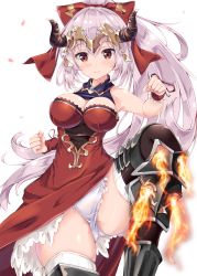 Rule 34 | 10s, 1girl, aliza (granblue fantasy), armor, bad anatomy, blush, breasts, bursting breasts, cleavage cutout, clothing cutout, commentary request, draph, dress, earrings, fukuda shuushi, granblue fantasy, greaves, highres, horns, jewelry, large breasts, leg armor, leg up, legs, long hair, looking at viewer, panties, pantyshot, ponytail, red dress, red eyes, silver hair, sleeveless, sleeveless dress, smile, solo, thighhighs, thighs, underwear, white panties, white thighhighs