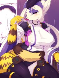 Rule 34 | 1girl, artist request, breasts, dog, fullbokko heroes, furry, furry female, hat, highres, japanese clothes, purple eyes, snake, solo, white hair