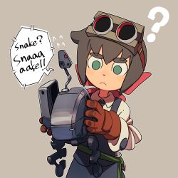Rule 34 | 10s, ammonio, black hair, constanze amalie von braunschbank-albrechtsberger, crossover, english text, gloves, goggles, goggles on head, green eyes, grey background, highres, little witch academia, metal gear (series), metal gear mk. ii, metal gear solid 4: guns of the patriots, ponytail, ribbon, robot, simple background, thick eyebrows