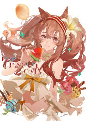 Rule 34 | 1girl, 9degree, absurdres, angelina (arknights), animal ears, arknights, balloon, bare arms, bare shoulders, bow, brown hair, clownfish, commentary, cowboy shot, dress, eating, fish, flower, food, fox ears, fruit, hair flower, hair ornament, hairband, highres, holding, holding food, ice cream cone, long hair, looking at viewer, midriff, pocky, red eyes, red hairband, ribbon, sidelocks, simple background, sleeveless, sleeveless dress, solo, symbol-only commentary, twintails, watermelon, white background, white dress, yellow ribbon