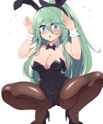 Rule 34 | 1girl, animal ears, black bow, black bowtie, black footwear, black leotard, black ribbon, bow, bowtie, breasts, brown pantyhose, chestnut mouth, cleavage, commentary request, detached collar, flying sweatdrops, full body, green eyes, green hair, hair between eyes, hair ornament, hair ribbon, hairclip, high heels, highres, kantai collection, kurokoshou (emuburemu123), large breasts, leotard, long hair, pantyhose, parted bangs, playboy bunny, ponytail, rabbit ears, ribbon, sidelocks, simple background, solo, squatting, white background, wrist cuffs, yamakaze (kancolle)