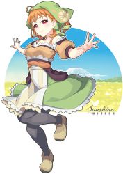 Rule 34 | 1girl, ahoge, ankle boots, bare shoulders, black pantyhose, boots, bow, braid, brown footwear, chika (genjitsu no yohane), closed mouth, commentary, dress, english text, eyebrows hidden by hair, foot up, full body, genjitsu no yohane, green bow, green headwear, hair bow, half-closed eyes, hands up, head scarf, looking at viewer, love live!, love live! sunshine!!, medium dress, multicolored clothes, multicolored dress, open hands, orange hair, outline, pantyhose, puffy short sleeves, puffy sleeves, red eyes, short hair, short sleeves, smile, solo, standing, standing on one leg, takami chika, transparent background, waste-man, white outline