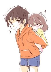 Rule 34 | 1boy, 1girl, aged down, ahoge, blue shorts, brother and sister, brown eyes, brown hair, carrying, character age, child, closed mouth, commentary request, highres, hood, hoodie, kyon, kyon no imouto, long sleeves, open mouth, orange hoodie, piggyback, pink legwear, shirt, short hair, shorts, siblings, simple background, sleeping, smile, socks, standing, suzumiya haruhi no yuuutsu, taiki (6240taiki), white background, yellow shirt