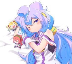 Rule 34 | 1boy, arm pillow, bare shoulders, black camisole, blue hair, blush, brooch, camisole, character doll, closed mouth, commentary request, detached collar, gloves, hacka doll, hacka doll 1, hacka doll 2, hacka doll 3, hair between eyes, hair ornament, half-closed eye, hand up, highres, jewelry, long hair, looking at viewer, lying, male focus, off-shoulder shirt, off shoulder, on side, one eye closed, purple eyes, shirt, shishikai, solo, strap slip, trap, upper body, white background, white gloves, white shirt, wing collar