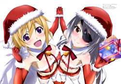 Rule 34 | 10s, 2girls, :d, absurdres, animedia, breasts, charlotte dunois, christmas, cleavage, eyepatch, hat, highres, infinite stratos, laura bodewig, magazine scan, multiple girls, official art, open mouth, santa hat, scan, smile, thighhighs, yamamoto shuuhei