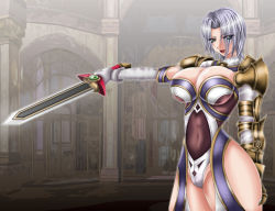 Rule 34 | 1041 (toshikazu), 1girl, breasts, cleavage, green eyes, isabella valentine, large breasts, looking at viewer, purple hair, solo, soul calibur, soulcalibur iii, standing, sword, weapon