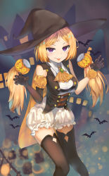 Rule 34 | 1girl, aki rosenthal, alternate costume, asymmetrical gloves, bad id, bad pixiv id, bare shoulders, black hat, black thighhighs, blonde hair, bob cut, breasts, commentary, detached hair, elbow gloves, food-themed hair ornament, fuenyuan, gloves, hair ornament, halloween, hat, highres, hololive, large breasts, long hair, looking at viewer, open mouth, parted bangs, pumpkin hair ornament, purple eyes, smile, solo, thighhighs, tongue, tongue out, twintails, uneven gloves, virtual youtuber, witch hat